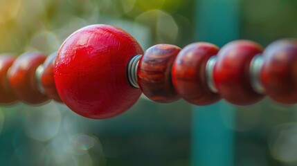 Close-up of a red ball sliding along the wires of an abacus, illustrating the concept of arithmetic and computation 