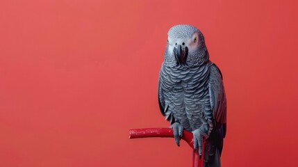 Obraz premium Portrait photography of African Grey Parrot bird catch standing on wood stick , studio shot isolated on single color background ,editorial style, shoot by DSLR .