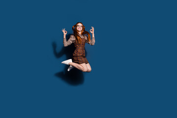 Obraz premium Full length photo of sweet cool lady dressed plaid outfit jumping high showing okey signs emtpy space isolated dark blue color background