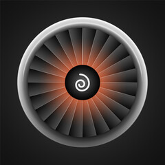 A working jet turbine with a flame inside isolated on a black background