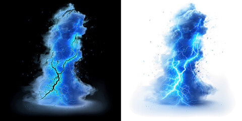 dynamic blue lightning bolt striking within a cloud-like formation, electric energy powerful and striking visual effect, isolate on black and transparent background, cut out, PNG
