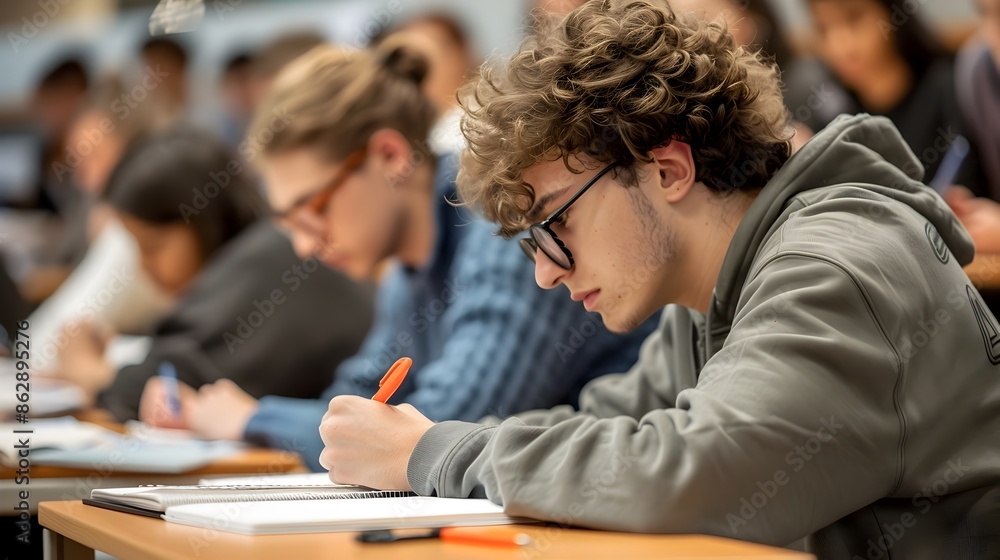 Poster students concentrating and taking notes during a university lecture