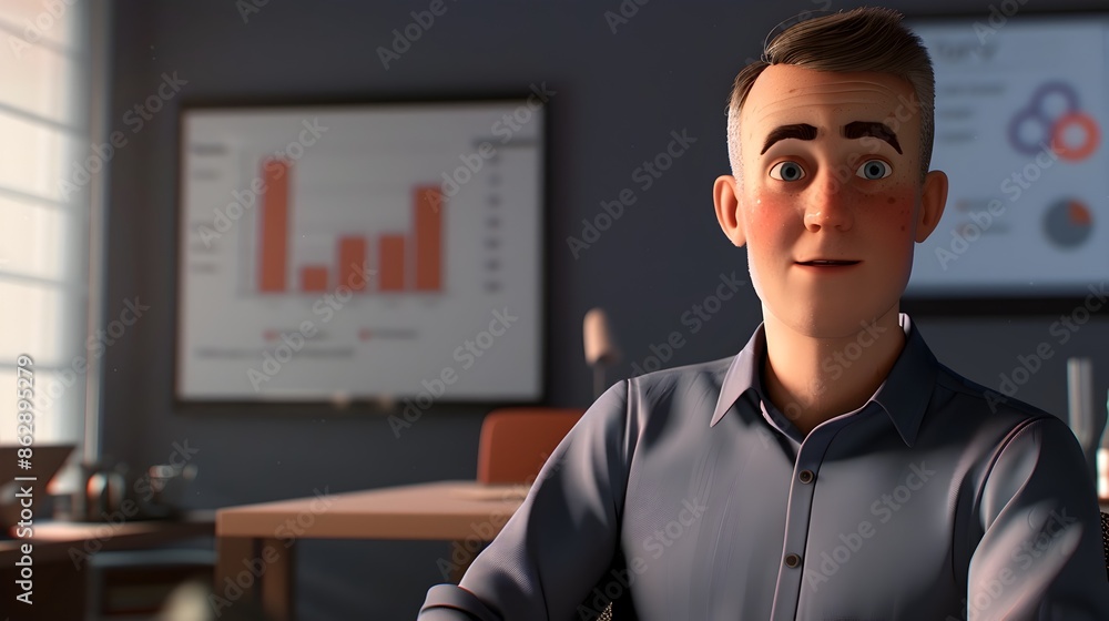 Poster businessman analyzing data presentation on computer in office