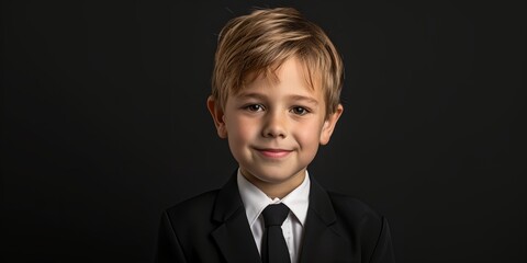 A young boy in a suit and tie is smiling for the camera. Concept of formality and sophistication, as the boy is dressed in a suit and tie. The boy's smile suggests that he is happy