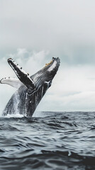 Naklejka premium Close up of Humpback whale breaching out of the ocean, whale jump