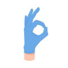Hand of doctor in surgical blue glove showing okay, like gesture vector illustration