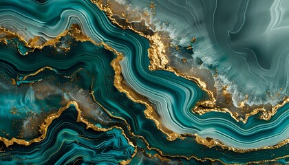 Top View of Teal and Gold Abstract Fluid Art - High Resolution, Emerald Agate Style