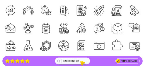 Startup rocket, Internet documents and Chemistry lab line icons for web app. Pack of Wallet, Chemical hazard, Chemistry pipette pictogram icons. Certificate, Cyber attack. Search bar. Vector