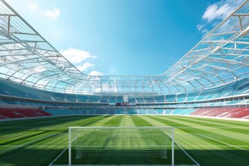 Fototapeta premium An empty soccer stadium with green field and blue sky
