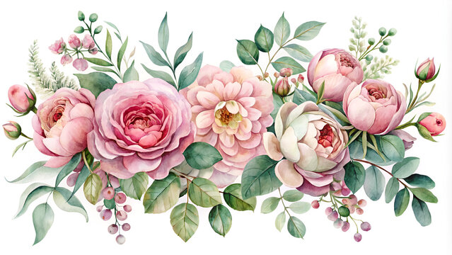 recommend clip art: Watercolor floral illustration. Pink flowers and eucalyptus greenery bouquet.  Dusty roses, soft light blush peony - border, wreath, frame. Perfect wedding stationary, greetings,  fashion, background