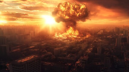 Fototapeta premium Huge disaster of mass weapon of nuclear bomb in the city. Aerial view on nuclear mushroom 