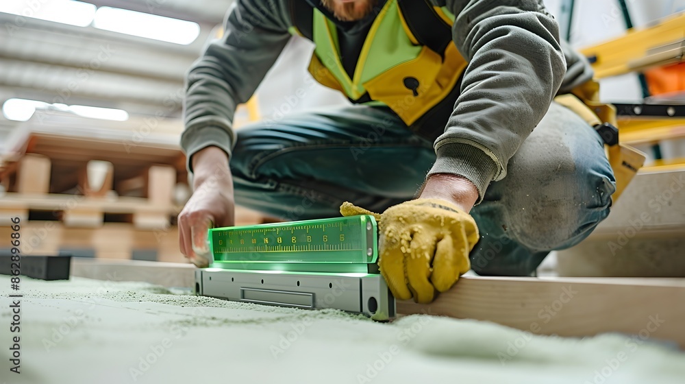 Poster construction worker using power tool on wooden surface in workshop