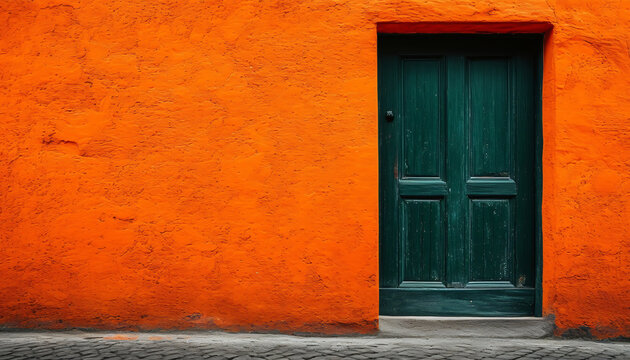 An orange textured wall, a dark green door positioned on the right, with empty space for text on the left
