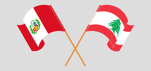 Crossed and waving flags of Peru and the Lebanon