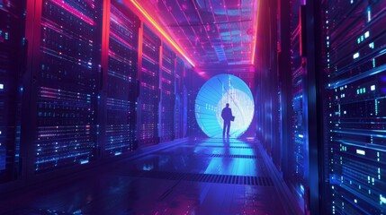 Futuristic Data Center with Holographic Interface - Generative AI