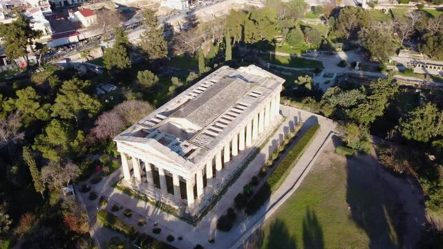 Temple of Hephaestus from a drone in the Agora in Athens. Cultural artistic heritage of ancient Greece. fantastic temple dedicated to deities, Greek architecture that attracts tourists traveling 