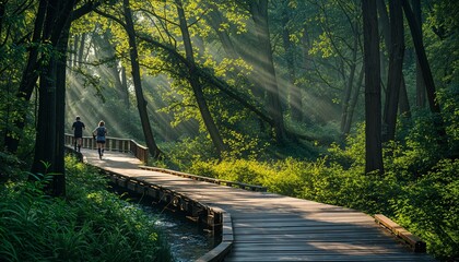 two people walking across a wooden bridge in the woods