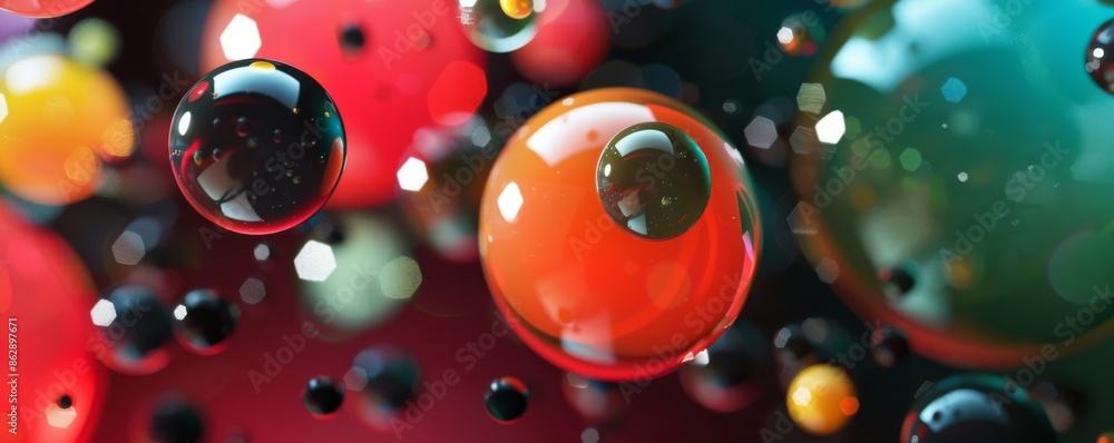 Poster colorful abstract image of floating bubbles with vibrant reflections
