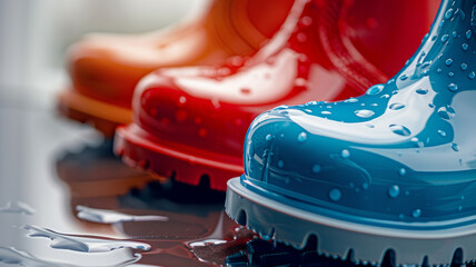 Colorful rain boots in blue, red, and orange, with water droplets.