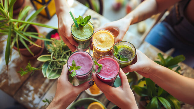 Celebratory toast with smoothies among friends in a plant-filled, sustainable cafe. - Powered by Adobe