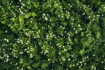 Fototapeta premium Aerial View of Small Daisies Growing on Grassland - High Definition Top-Down Perspective Photography