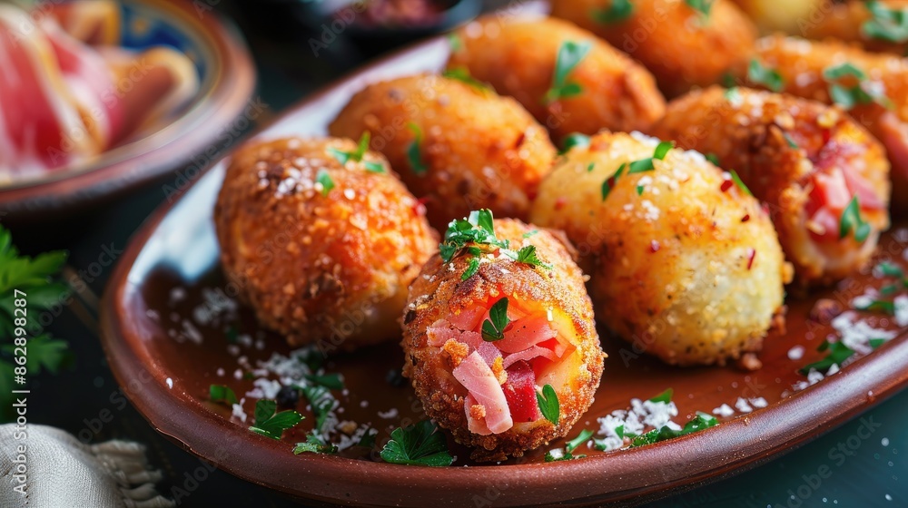 Wall mural gourmet croquettes filled with iberian ham a popular spanish tapa with selective focus