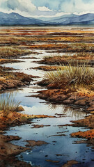 Obraz premium Watercolor painting: A vast peatland landscape, with layers of accumulated peat, low-growing vegetation, and shallow pools reflecting the sky,