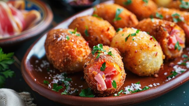 Fototapeta Gourmet croquettes filled with Iberian ham a popular Spanish tapa with selective focus