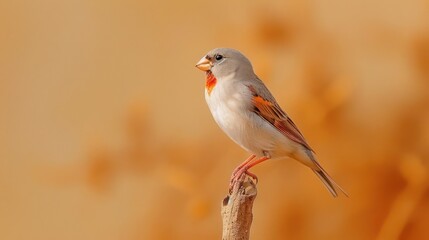 Portrait photography of Zebra Finch bird catch standing on wood stick , studio shot isolated on single color background ,editorial style, shoot by DSLR .