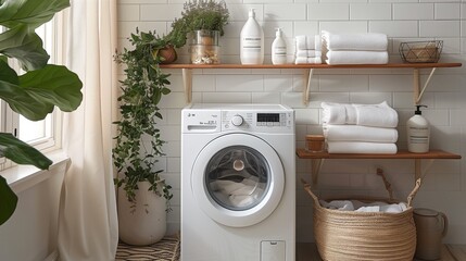 White Front Loading Washing Machine in Modern Laundry Room With Shelving