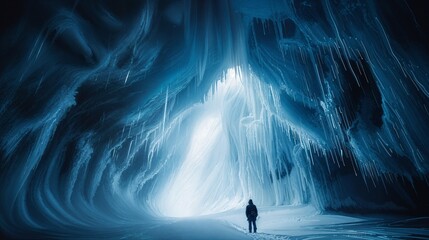 a person standing in a tunnel of ice