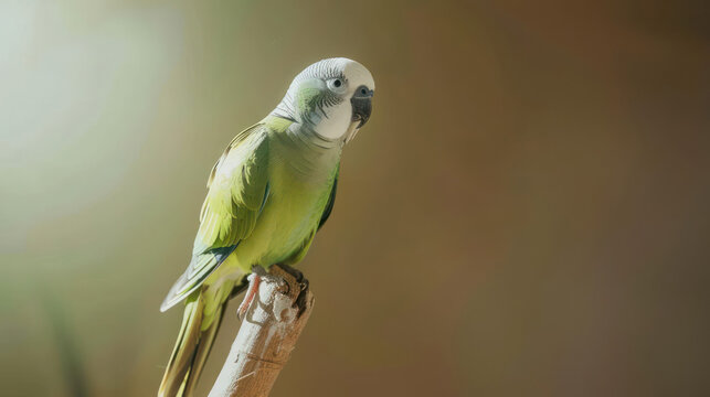 Portrait photography of Quaker Parrot (Monk Parakeet) bird catch standing on wood stick , studio shot isolated on single color background ,editorial style, shoot by DSLR .