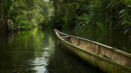 Solitary canoe navigating along a calm Amazonian tributary surrounded by dense jungle foliage.