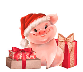 Cute Piglet in Santa hat and presents. Animal illustration for Christmas cards