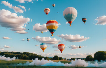 Colorful clouds, light white and light blue hot air balloons, romantic scenes