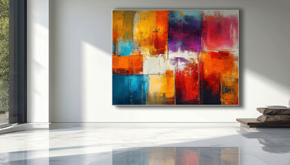 A painting with contemporary painting on a white wall, positioned to the right, white marble floor.