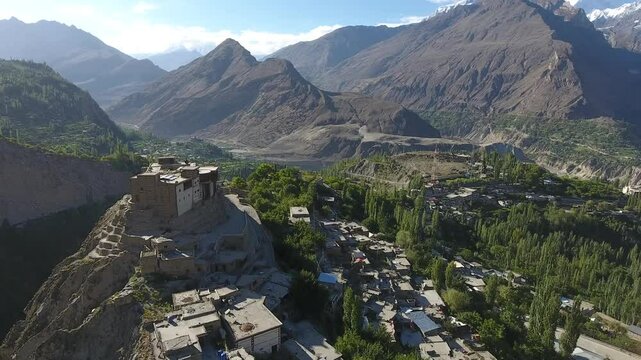 Aerial view of scenic Hunza Valley with Baltit Fort and Karimabad, Gilgit-Baltistan, Pakistan.