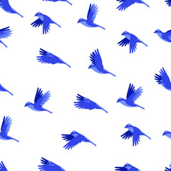 Flying blue birds on a white background seamless pattern. The topic is nature conservation. Ideal for women's and men's clothing, swimwear, children's clothing,  home decor. Vector illustration