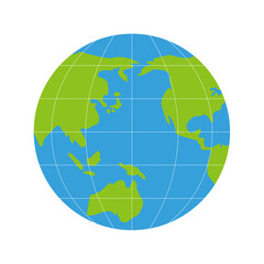 緑と青の世界地図。白く細い緯線と経線の入った太平洋を中心としたシンプルな地球儀。