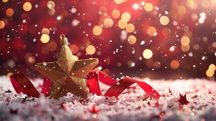 Festive Christmas card with star snow and ribbon on blurred bokeh backdrop
