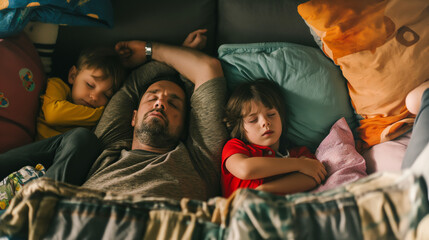 Exhausted father asleep on couch with playful kids building a fort out of cushions next to him.