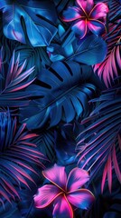 Tropical palm leaves and large flowers in neon light. Exotic fashionable background. A place for the text.
