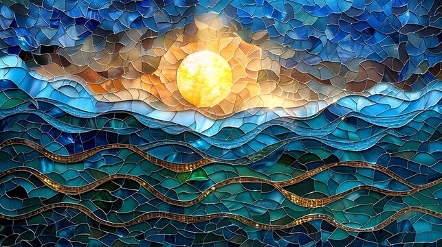 A stained glass mosaic depicting ocean waves, vibrant blue and green patterns, intricate and flowing, capturing the essence of the sea, dynamic and detailed, hd quality, natural look --ar 16:9 --v 6.