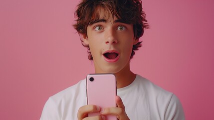 Young Man Looking Surprised While Using Smartphone Against Pink Background