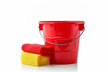 red cleaning bucket with sponge and wash rag on white isolated background