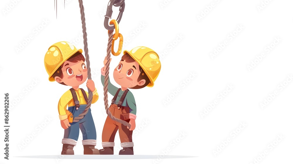 Poster two construction workers collaborating on a building project with helmets and tools