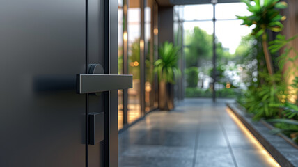 Open door leading to a modern office hallway with glass and plants.