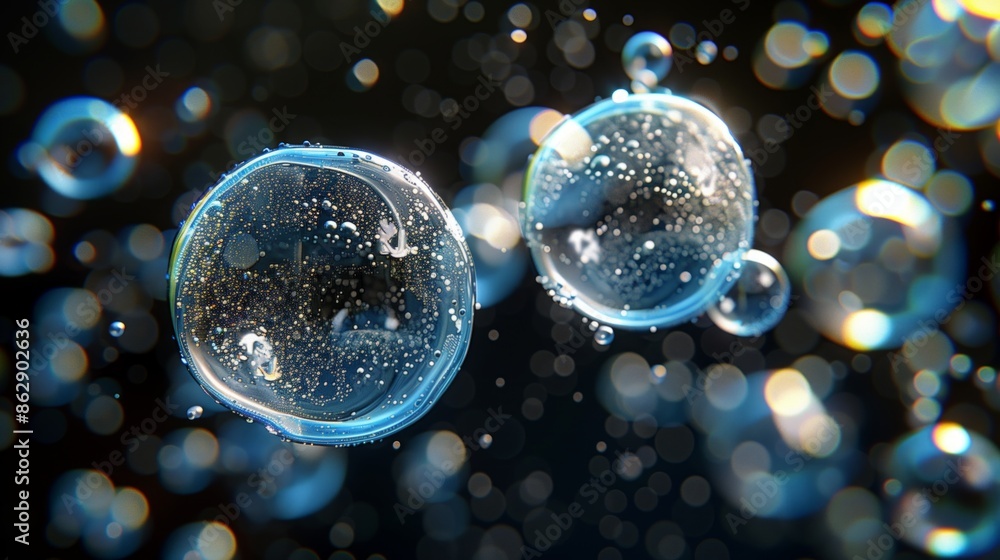 Poster close up view of two large water bubbles floating in air with a black background