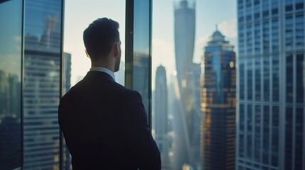 Fototapeta premium Businessman Contemplating Cityscape from High-rise Office, Symbolizing Corporate Vision and Leadership 