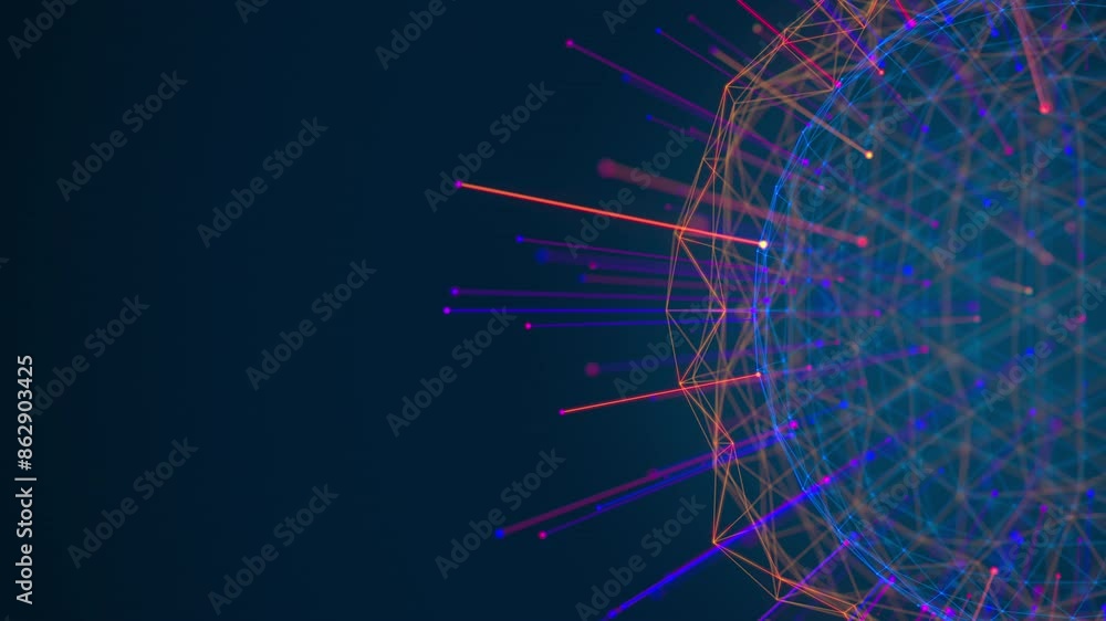 Poster Abstract 3D big data sphere visualization. Futuristic infographics aesthetic design animation. Visual information complexity. Intricate data threads plot.